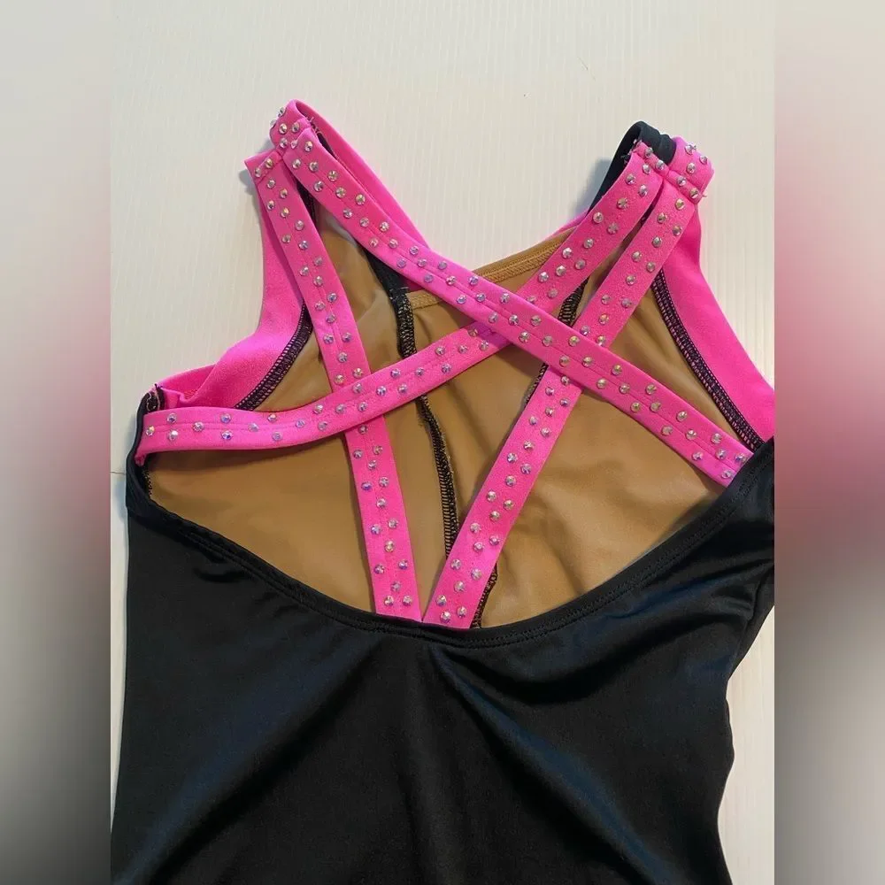 The Line up dance costume black hot pink strappy leotard rhinestone SA adult